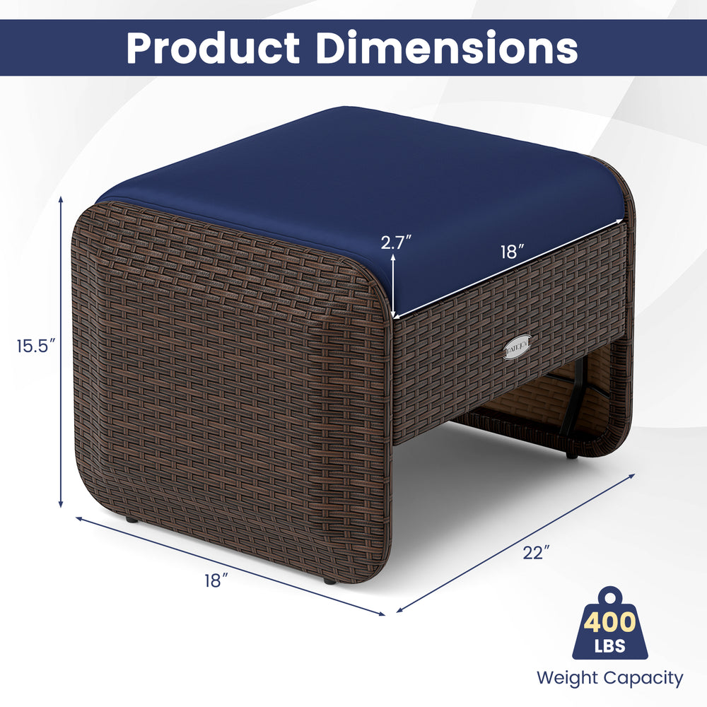 Navy cushion top outdoor patio ottoman with hand-woven PE wicker, 400 lbs capacity, ideal for extra seating or footrest.