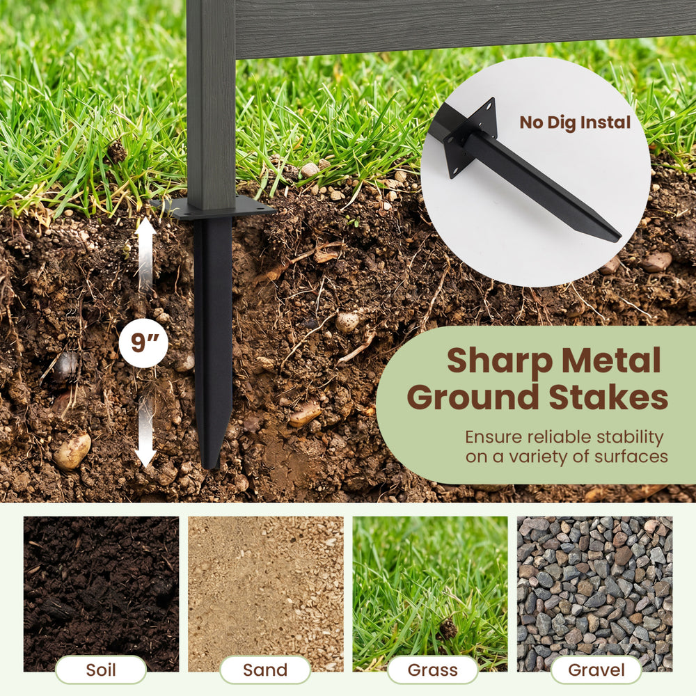 Sharp metal ground stakes for secure installation of the gray outdoor privacy screen fence on various surfaces like soil and gravel.