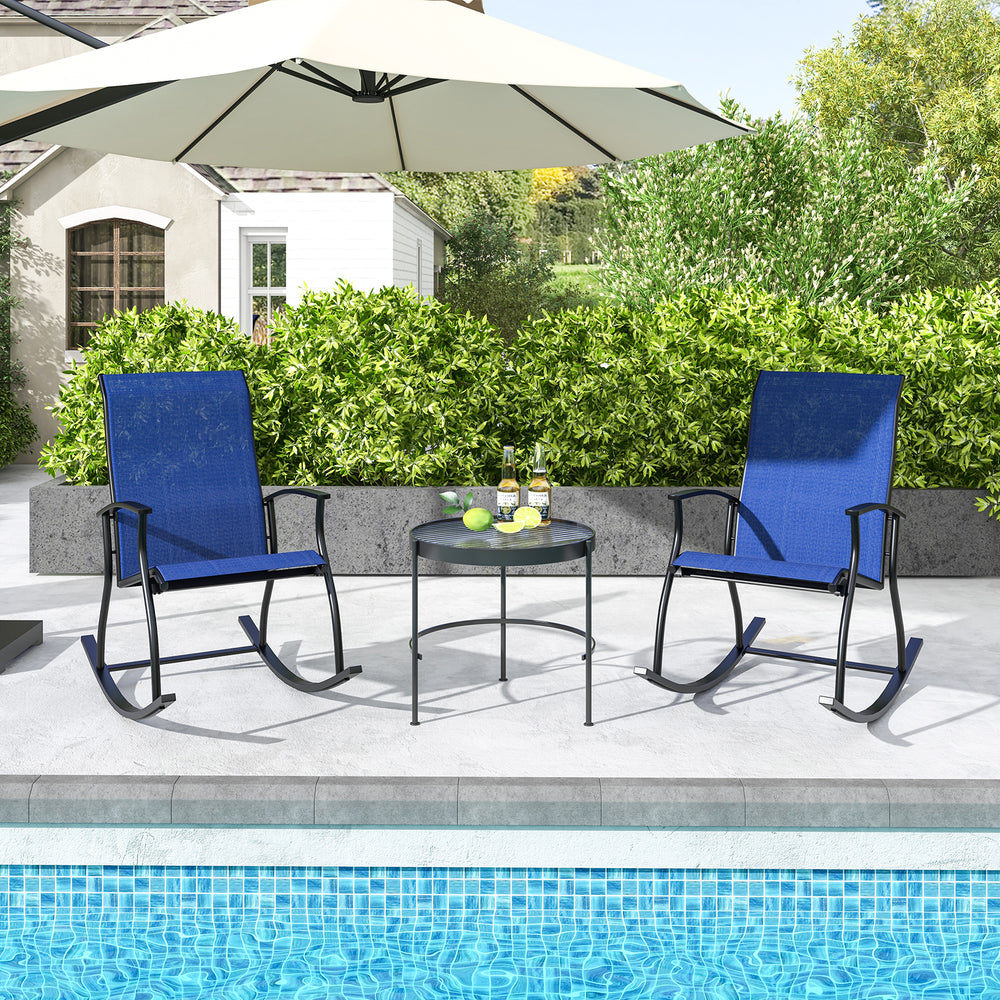 Navy outdoor rocking chairs with breathable backrest, perfect for poolside relaxation and stress relief.