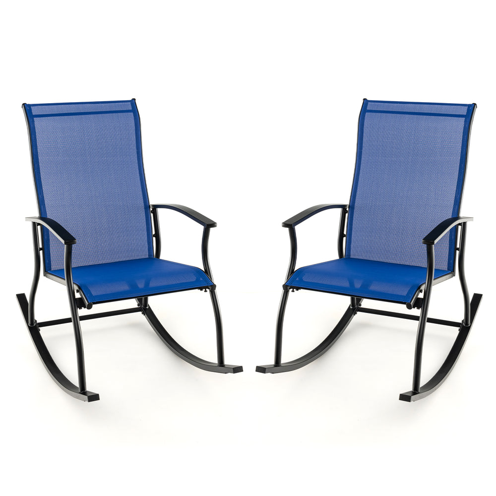 Two navy outdoor rocking chairs with breathable backrest and rustproof metal frame, ideal for backyard relaxation.