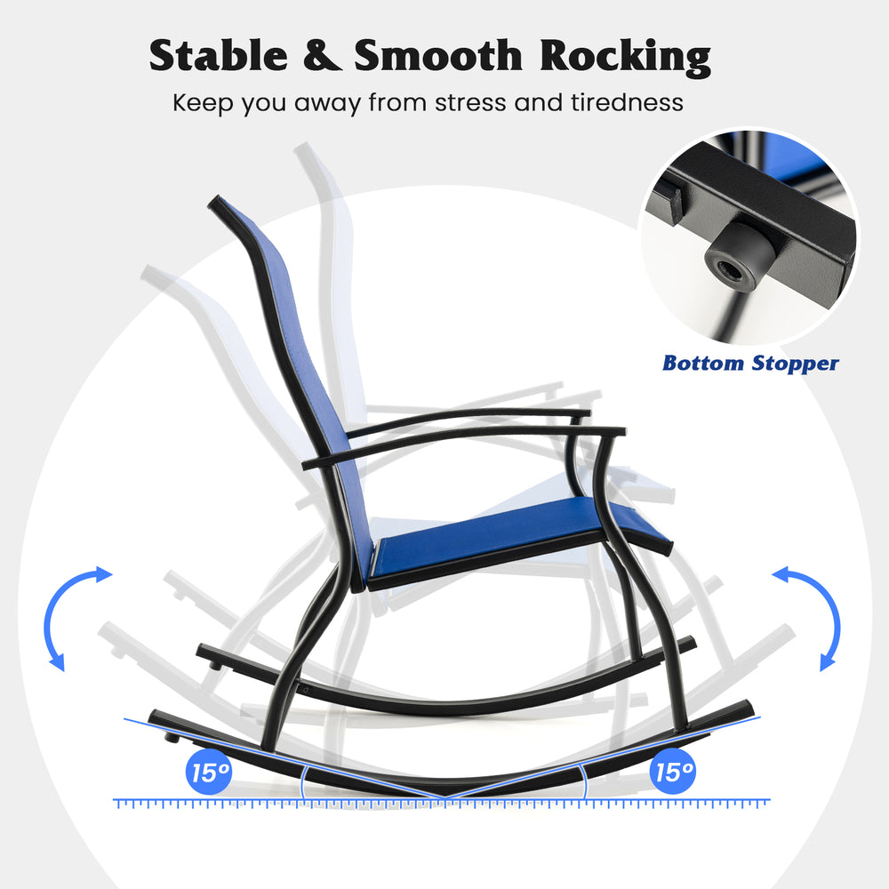 Navy outdoor rocking chair showcasing a stable design with breathable backrest, perfect for backyard relaxation.