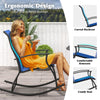Navy outdoor rocking chair with ergonomic design, breathable backrest, and comfortable armrests for backyard relaxation.