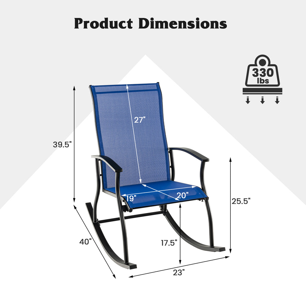 Navy outdoor rocking chair dimensions with ergonomic design, stable metal frame, and breathable fabric for comfort.