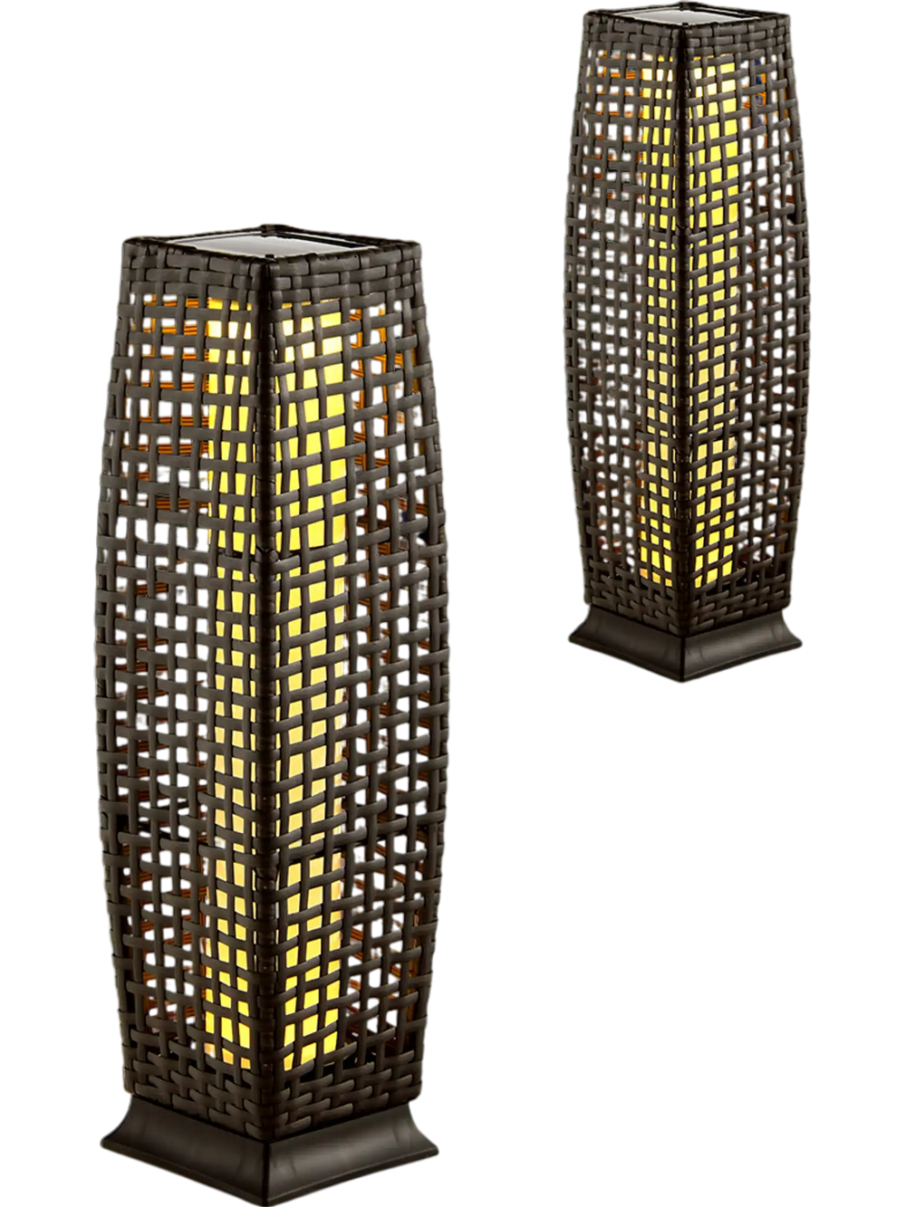 Two solar-powered square wicker floor lamps with warm yellow light, perfect for outdoor patios and gardens.