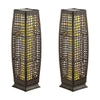 Two solar-powered square wicker floor lamps in brown, featuring warm LED light for outdoor use, with a stable base.