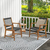Set of 2 acacia wood dining chairs with armrests, featuring hand-woven ropes, perfect for outdoor patio or garden use.