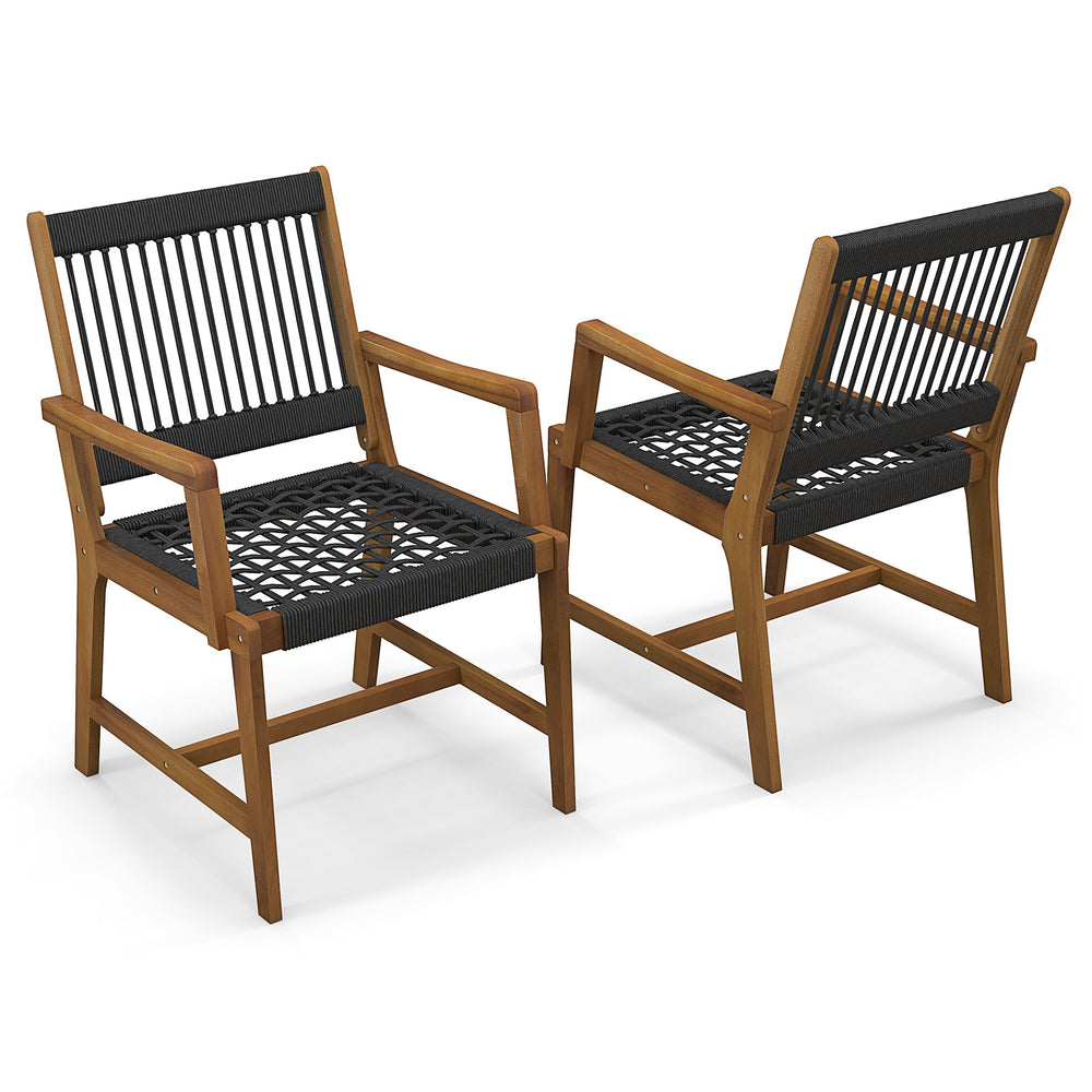 Set of 2 acacia wood dining chairs with armrests, featuring hand-woven ropes for breathability, ideal for outdoor use.
