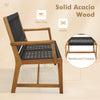 Side view of a patio dining chair made of solid acacia wood with hand-woven plastic ropes, ideal for outdoor comfort.