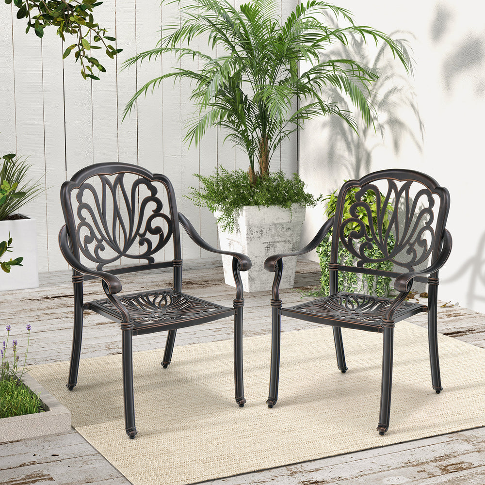 Two bronze patio cast aluminum dining chairs with armrests, featuring a stackable design for outdoor spaces.