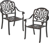 Two stackable patio dining chairs in bronze cast aluminum with armrests, designed for outdoor comfort and stability.