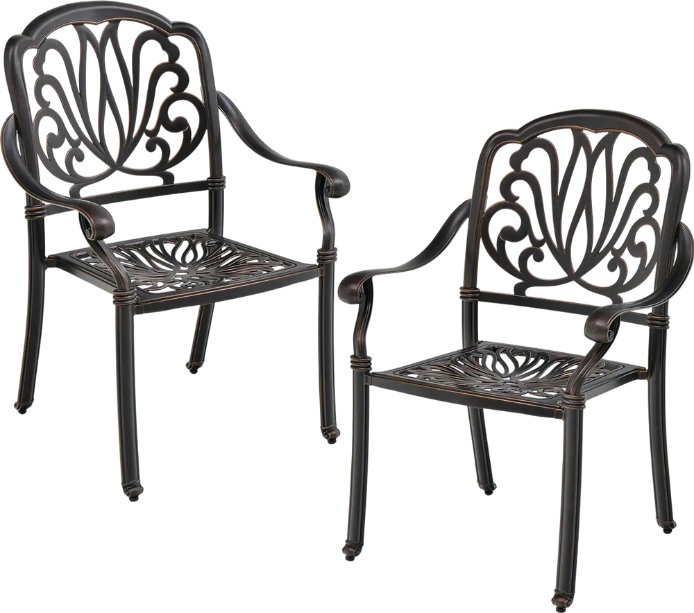 Two stackable patio dining chairs in bronze cast aluminum with armrests, designed for outdoor comfort and stability.