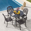 Round patio dining table set with two bronze cast aluminum chairs, perfect for outdoor spaces like gardens and porches.
