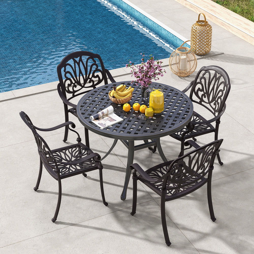 Round patio dining table set with two bronze cast aluminum chairs, perfect for outdoor spaces like gardens and porches.