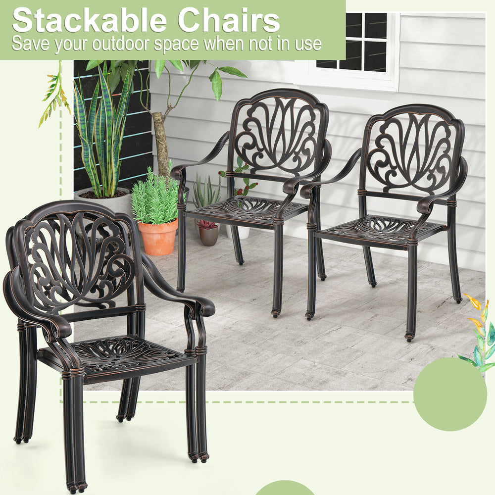 Stackable patio dining chairs in bronze, made of cast aluminum, ideal for outdoor spaces like gardens and porches.