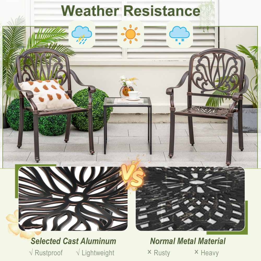 Two bronze patio cast aluminum dining chairs with armrests, featuring a stackable design for outdoor use.
