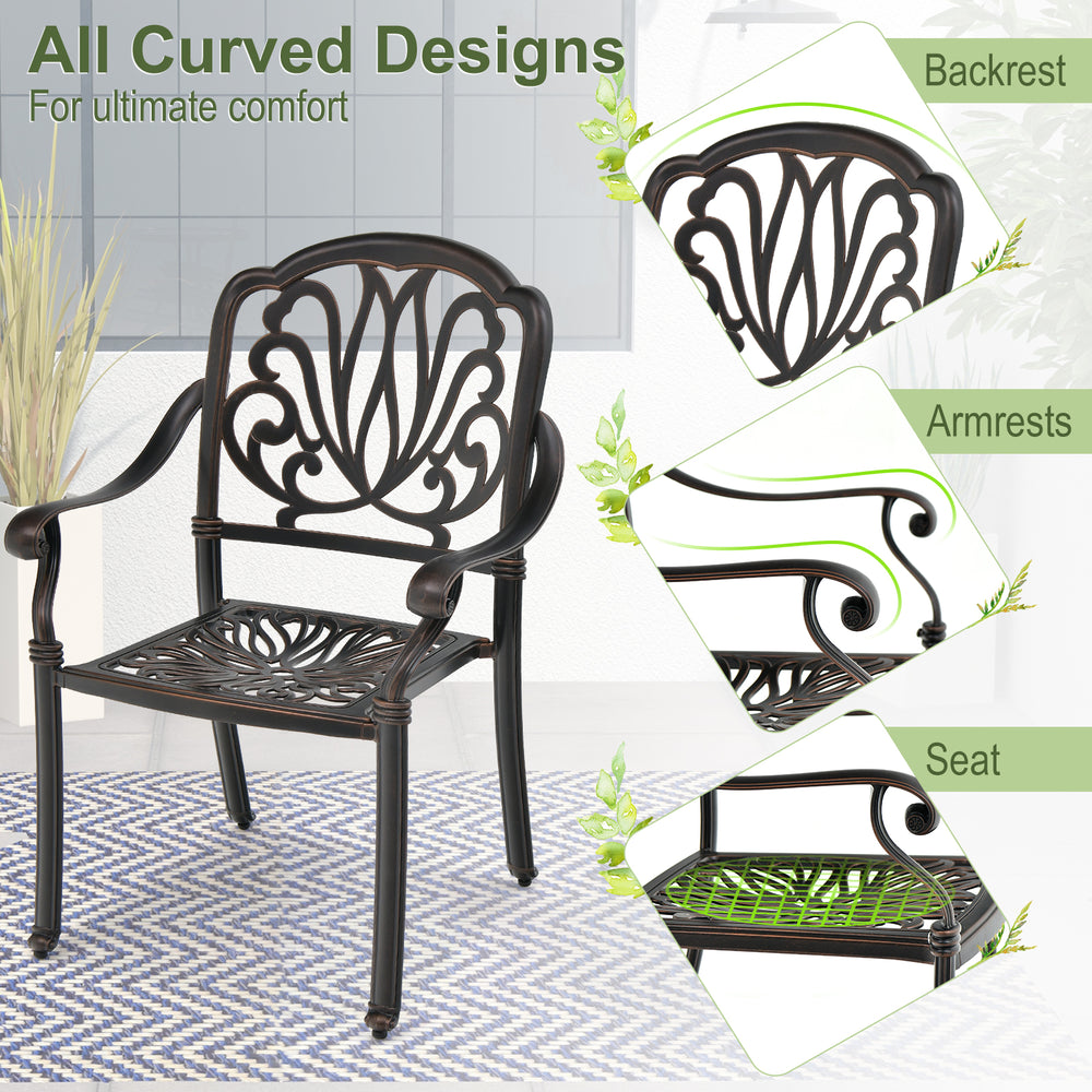Patio cast aluminum dining chair with armrests in bronze, featuring all curved designs for ultimate comfort and.
