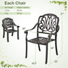 Patio cast aluminum dining chair in bronze with armrests, stackable design, 360 lbs capacity, ideal for outdoor use.