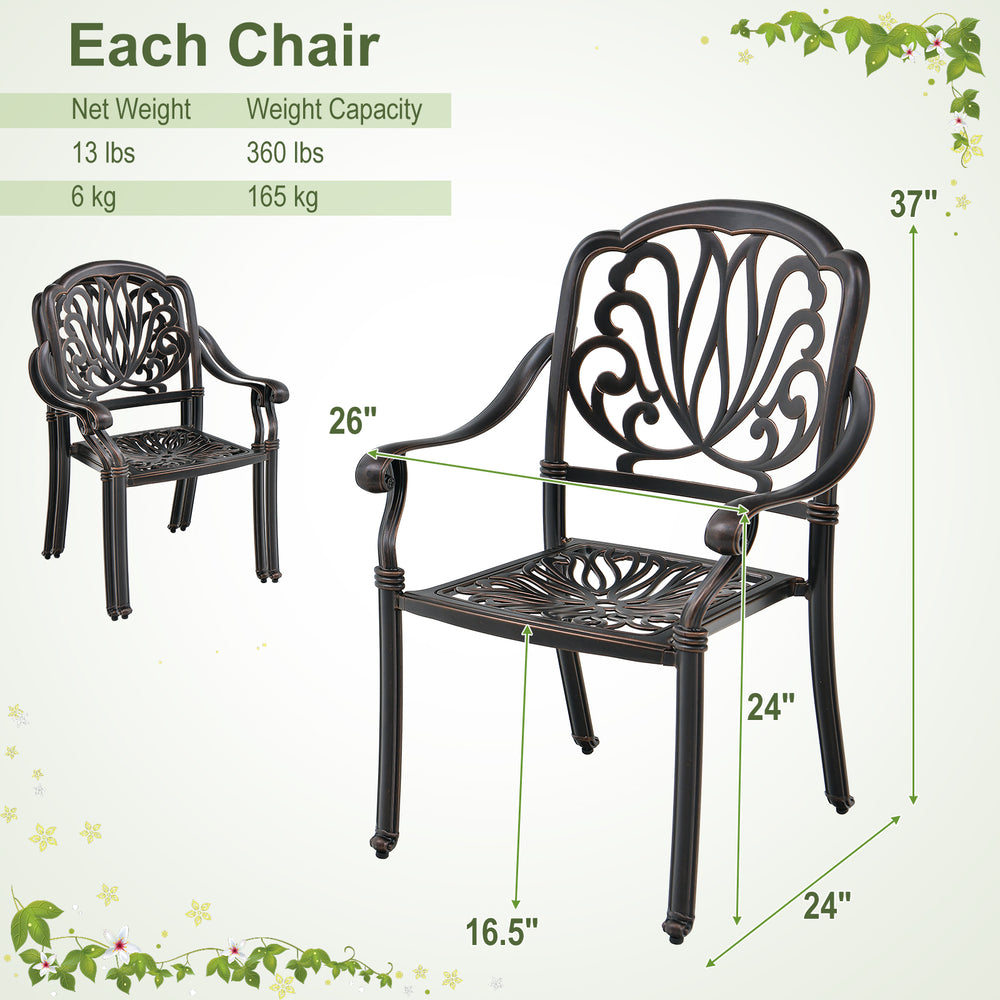 Patio cast aluminum dining chair in bronze with armrests, stackable design, 360 lbs capacity, ideal for outdoor use.