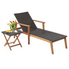 Patio chaise lounge with adjustable backrest and side table, featuring solid acacia wood and hand-woven PE wicker for.