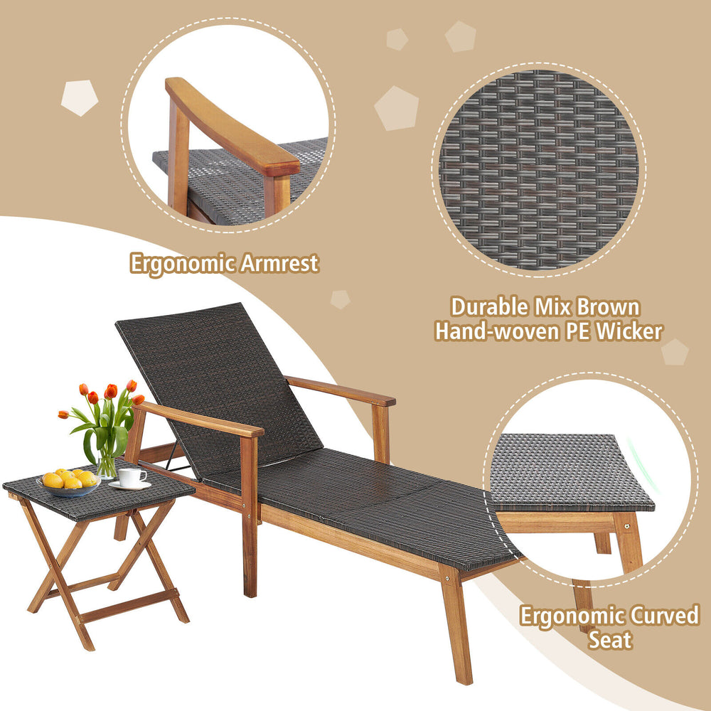 Patio chaise lounge with adjustable backrest and solid acacia wood frame, featuring mix brown PE wicker for outdoor.