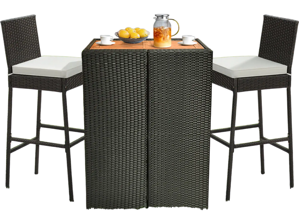 Two cushioned wicker barstools with footrest and backrest, featuring hand-woven PE rattan, perfect for outdoor spaces.