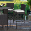 Two cushioned wicker barstools with a cozy footrest, featuring hand-woven PE rattan, ideal for outdoor patio use.