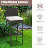 Cushioned patio wicker barstool with footrest, 30-inch height, hand-woven PE rattan, ideal for outdoor use.