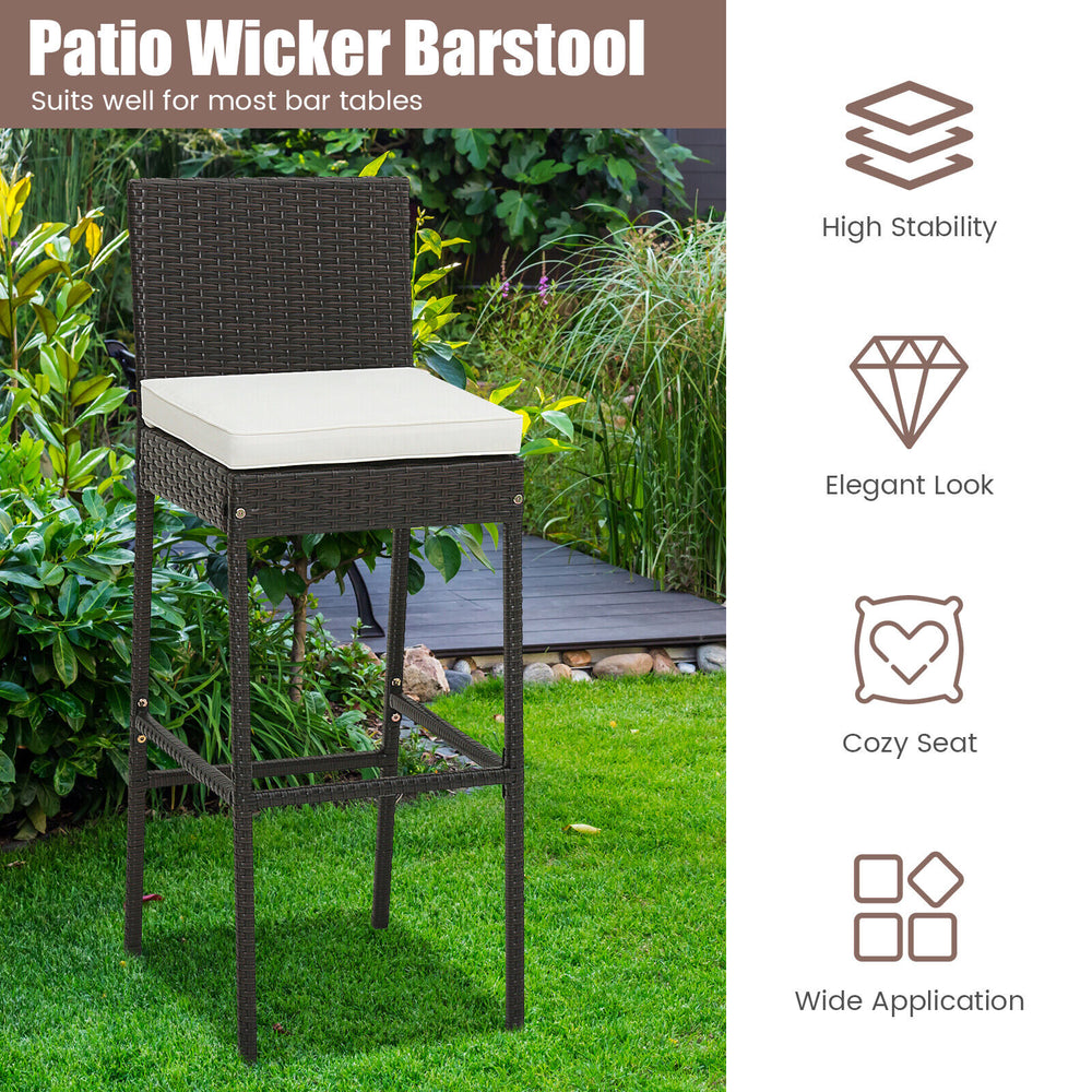 Cushioned patio wicker barstool with footrest, 30-inch height, hand-woven PE rattan, ideal for outdoor use.