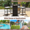 Cushioned wicker barstools with footrest, ideal for poolside or backyard, featuring a durable PE rattan design.