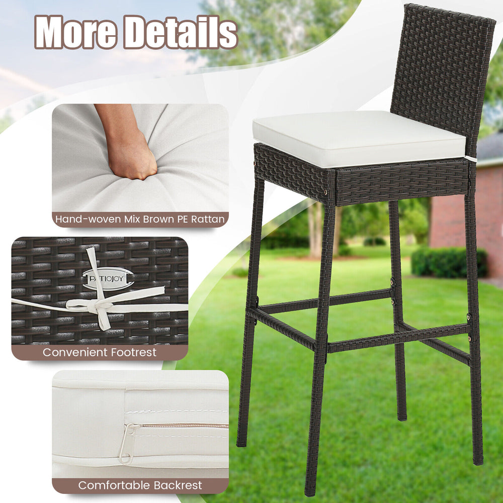 Cushioned wicker barstool with backrest and footrest, made of hand-woven PE rattan, ideal for outdoor use.