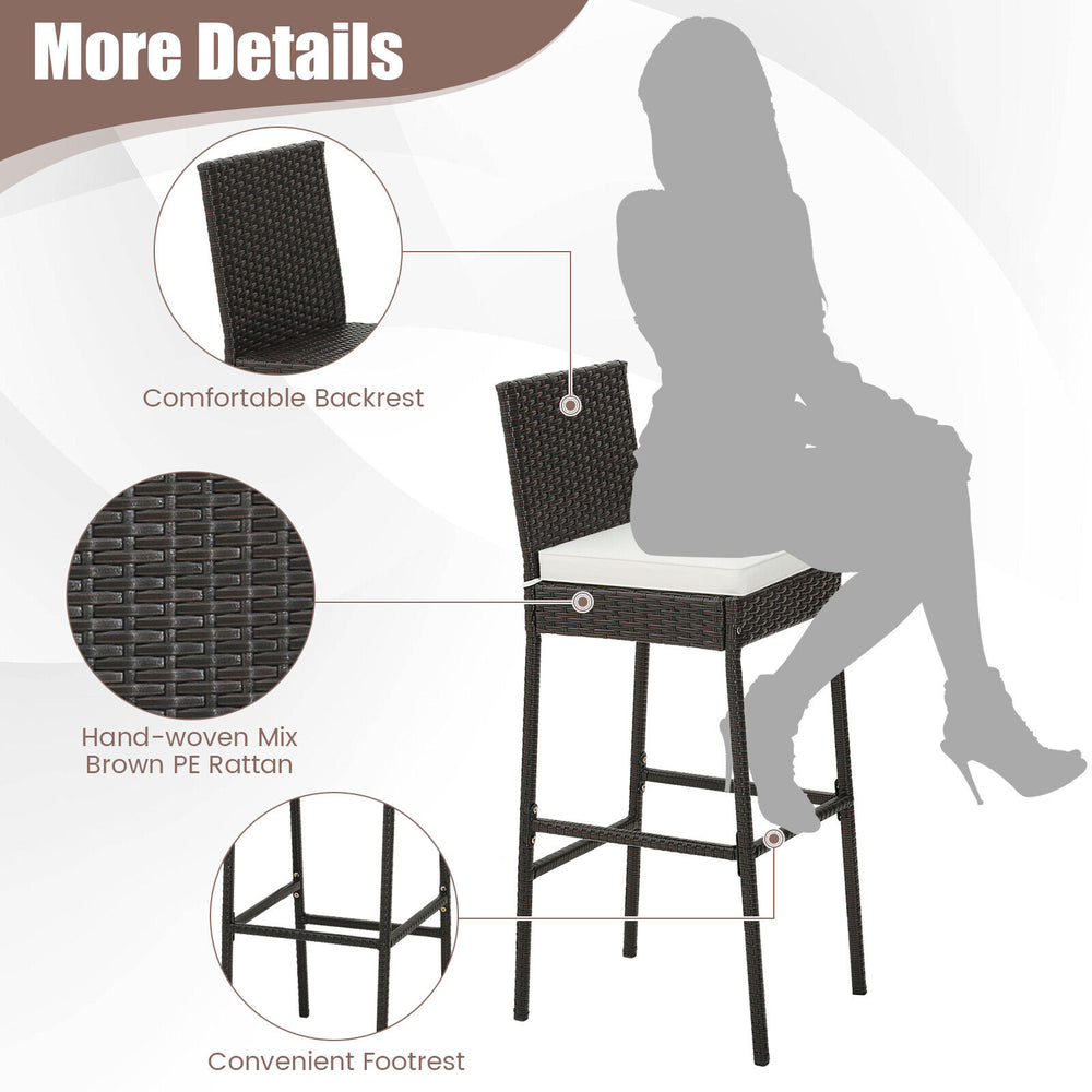 Cushioned wicker barstool with backrest and footrest, hand-woven PE rattan, ideal for patio or balcony use.