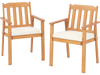 Two acacia wood patio dining chairs with white cushions, featuring a spacious seat and tilted backrest for comfort.
