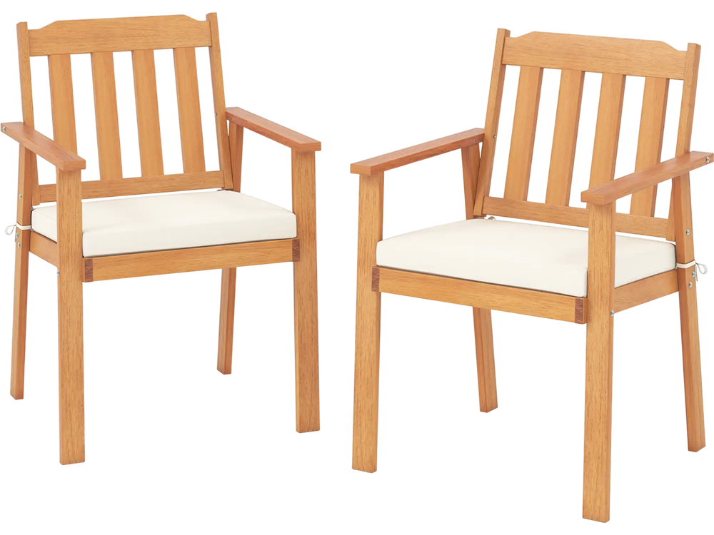 Two acacia wood patio dining chairs with white cushions, featuring a spacious seat and tilted backrest for comfort.