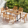 Acacia wood dining set with two outdoor chairs and cushions, perfect for backyard or garden dining.