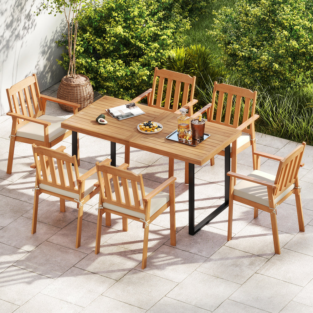 Acacia wood dining set with two outdoor chairs and cushions, perfect for backyard or garden dining.