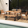 Acacia wood patio dining chairs with white cushions, featuring a spacious seat and tilted backrest for comfort.