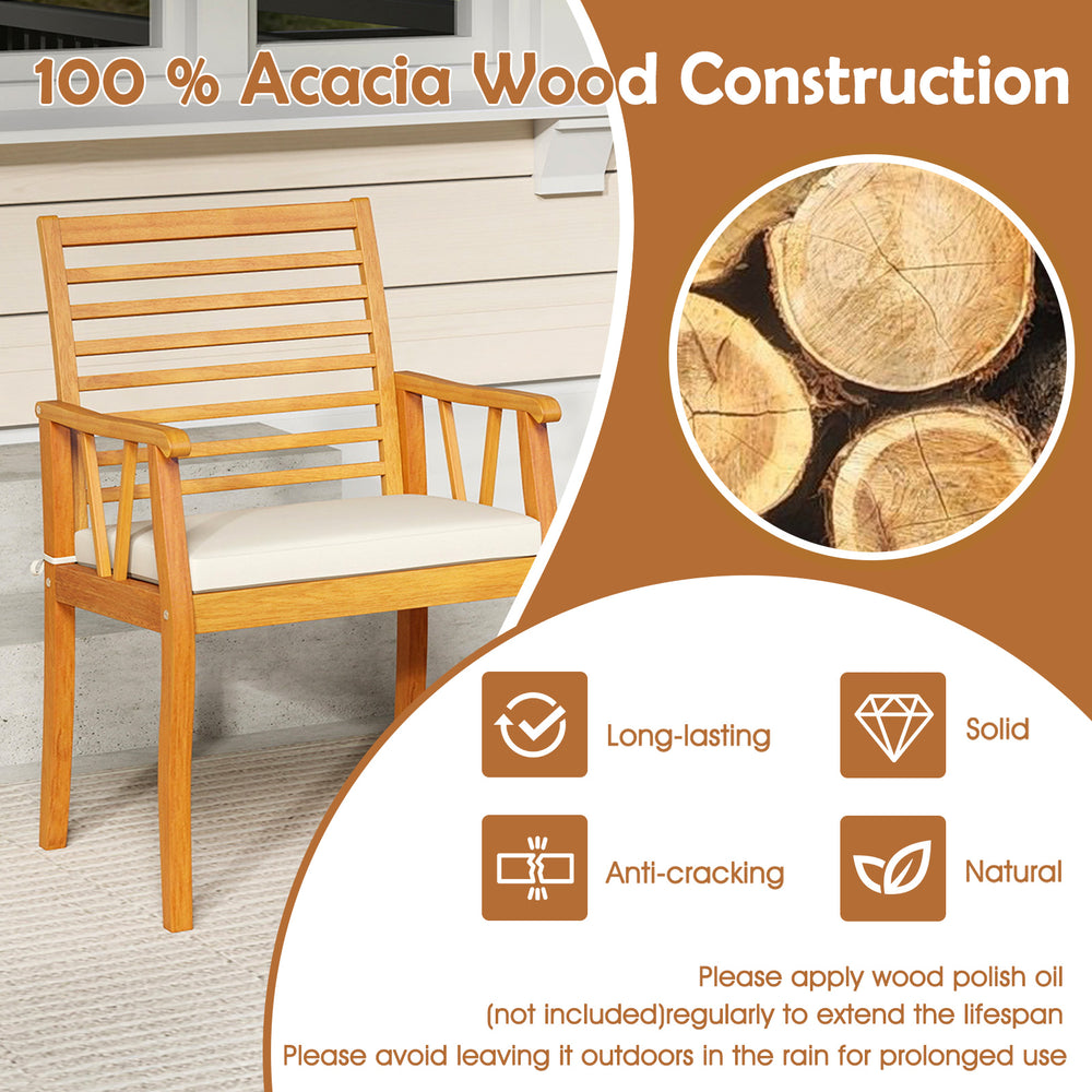 Acacia wood armchair with removable cushion, ergonomic backrest, and rustic legs for outdoor dining comfort.
