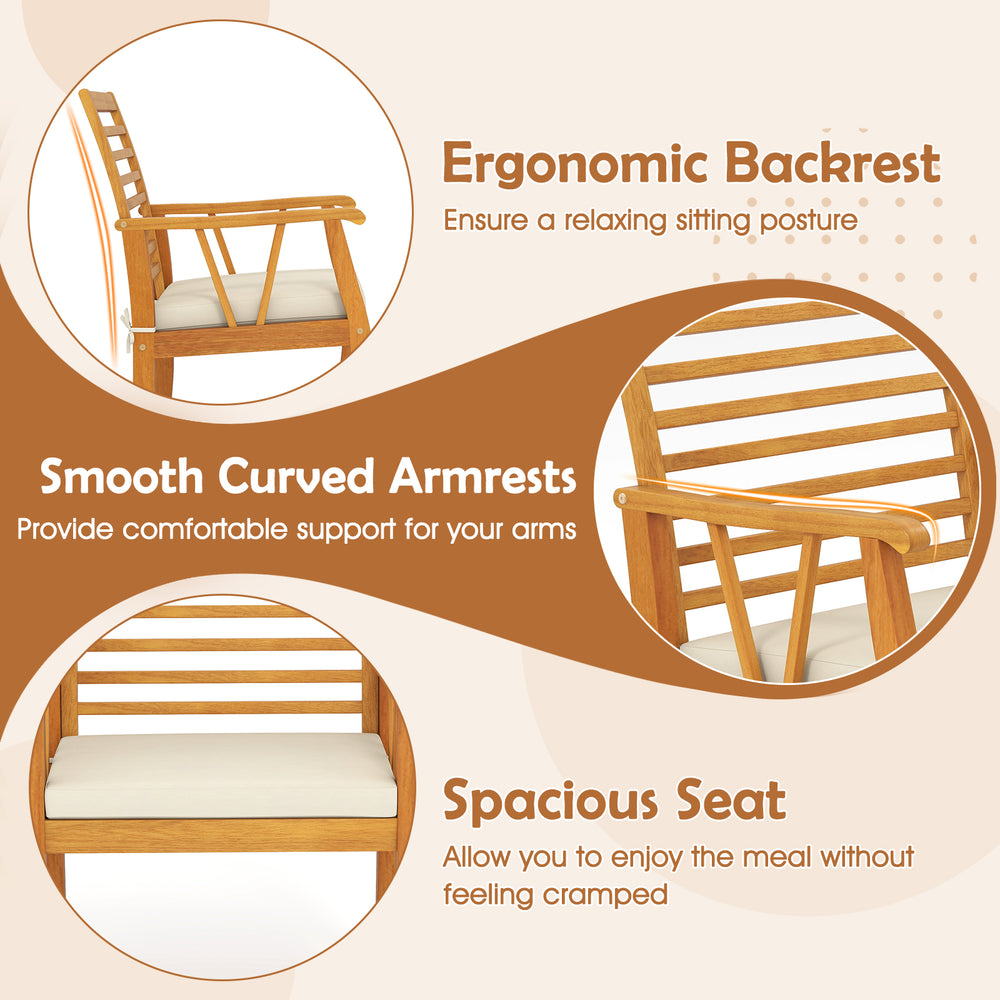 Acacia wood patio dining chair with ergonomic backrest, smooth armrests, and spacious seat for outdoor comfort.