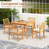 Outdoor acacia wood dining chairs with removable cushions, featuring corrugated legs for rustic charm and comfort.