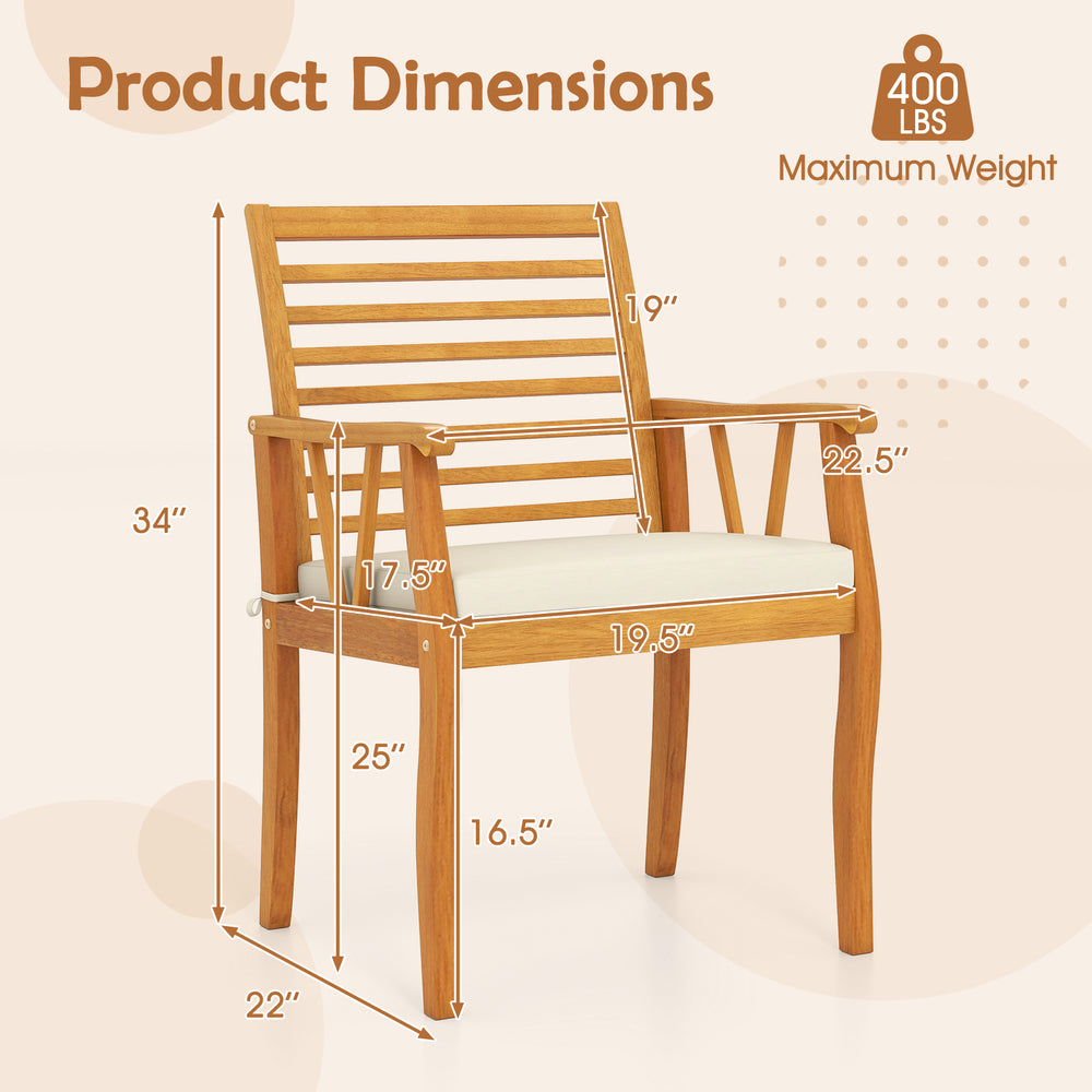 Acacia wood armchair with ergonomic backrest and removable cushion, ideal for outdoor dining and bistro settings.