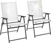 Two white patio folding chairs with armrests, featuring a sturdy metal frame, ideal for deck and garden use.