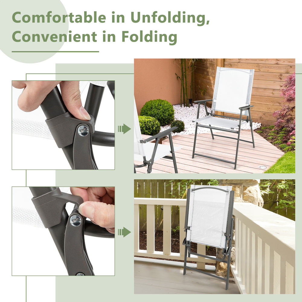 Folding patio chair with armrests, featuring a sturdy metal frame and breathable fabric, perfect for garden or deck use.