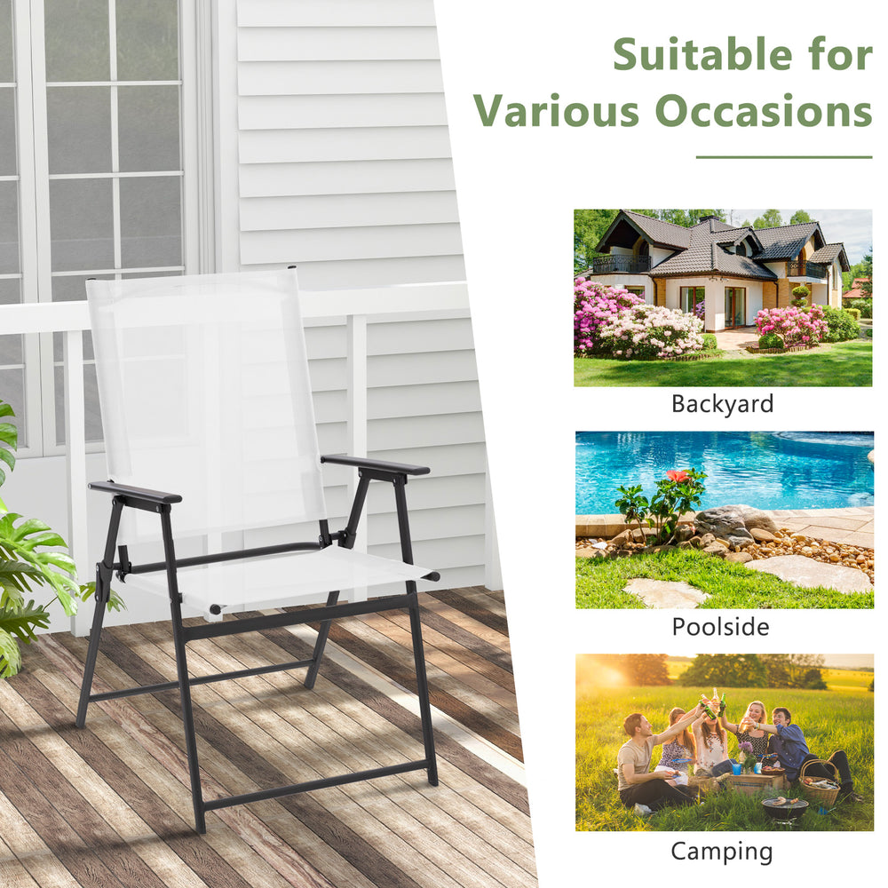 White patio folding chair with armrests, sturdy metal frame, ideal for backyard, poolside, or camping use.