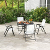 White patio folding chairs with armrests, featuring a sturdy metal frame, perfect for outdoor dining and relaxation.