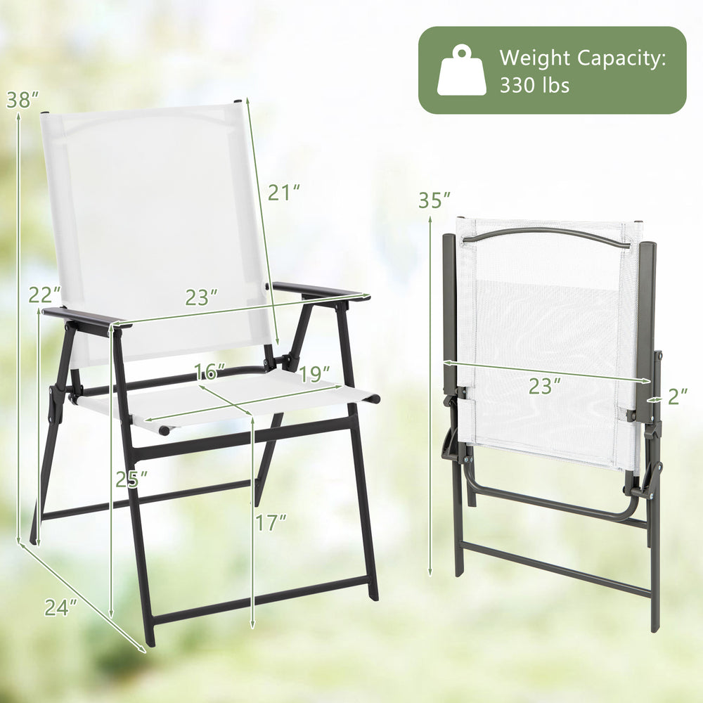 White patio folding chair with armrests, sturdy metal frame, 330 lbs capacity, ideal for garden and deck use.