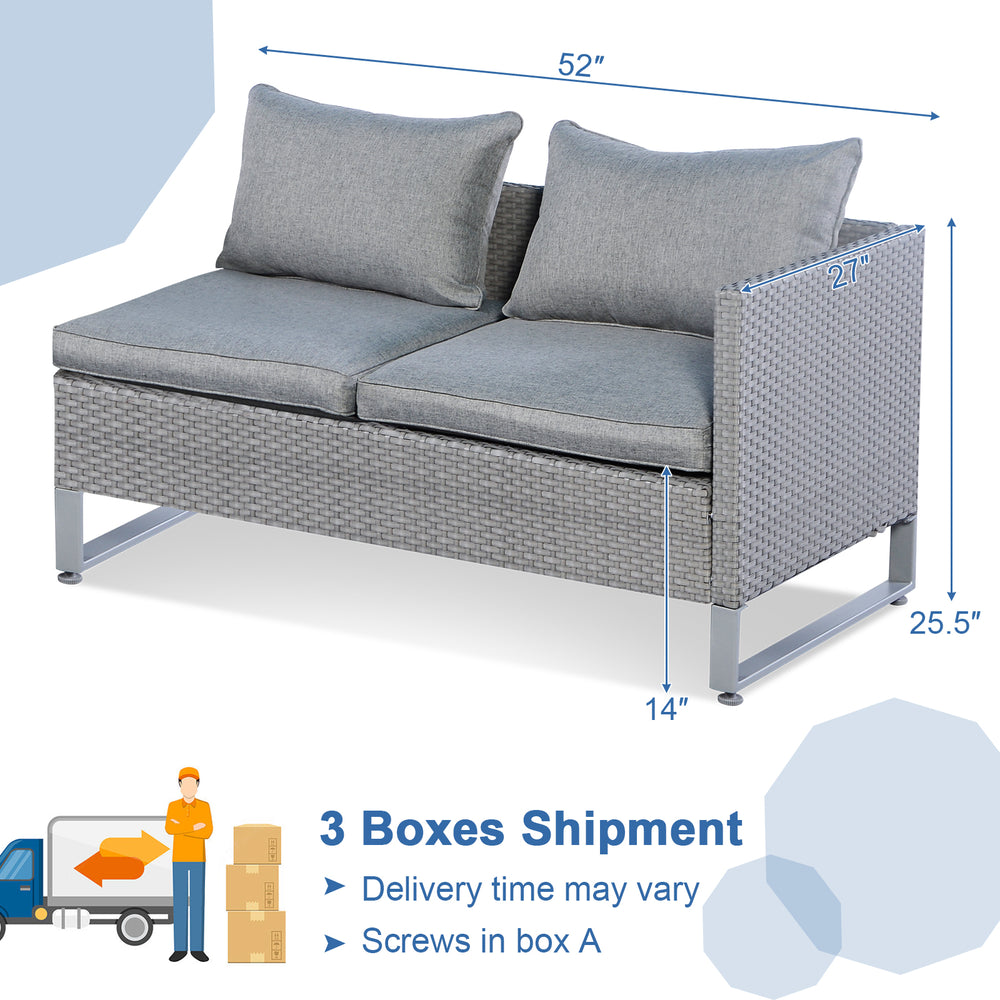 Gray 2-piece patio sofa set with cushions, featuring colorfast PE wicker and sturdy metal frame, ideal for outdoor use.