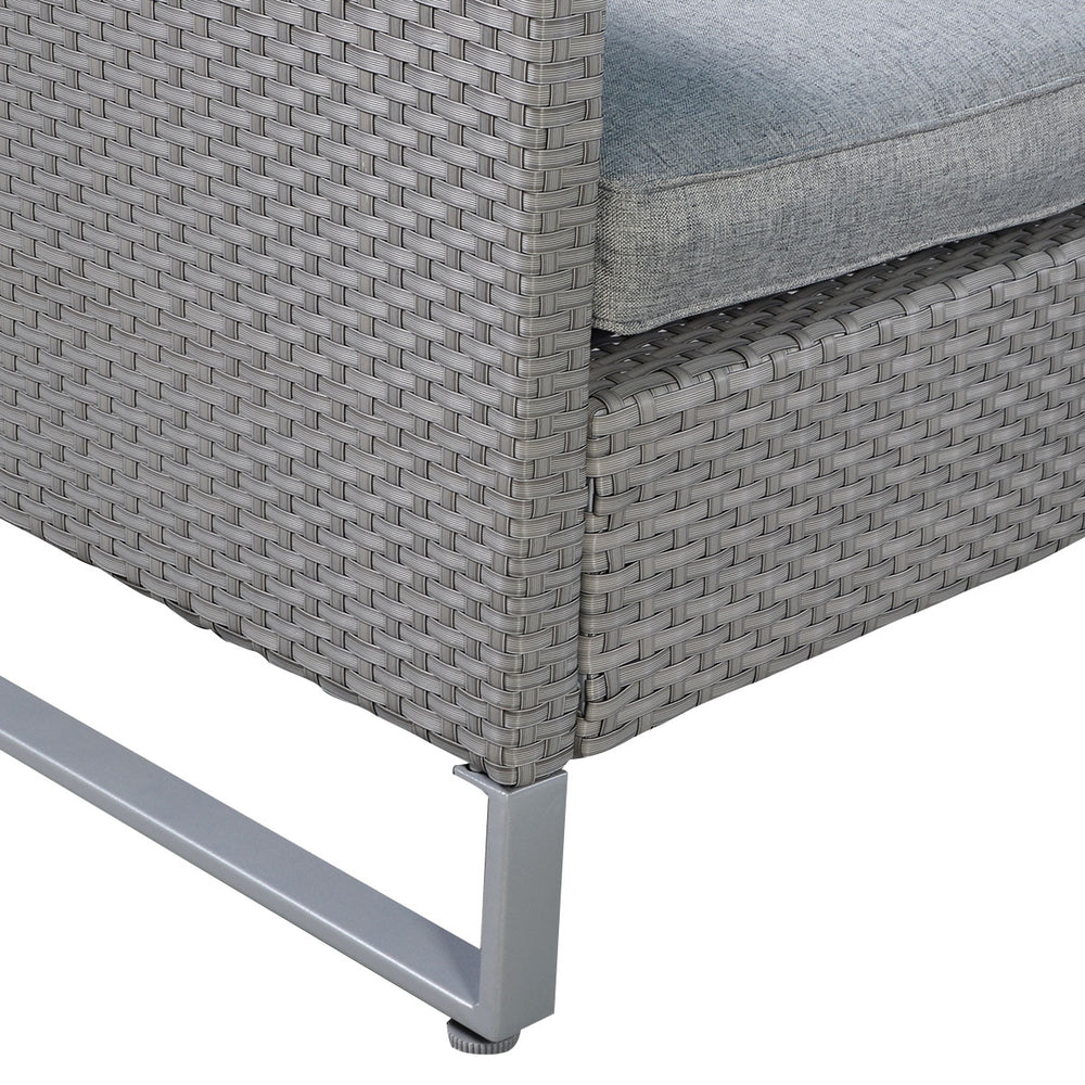 Close-up of the gray PE wicker patio sofa set with soft cushions, featuring a sturdy metal frame for outdoor comfort.