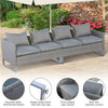 Three-seat gray patio sofa set with soft cushions, sturdy metal frame, and anti-slip caps for outdoor comfort.