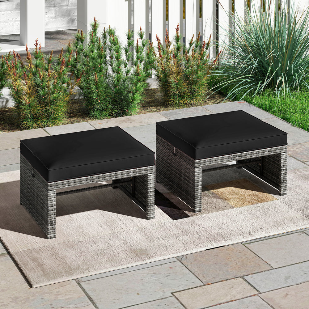 2 Pieces Patio PE Rattan Ottomans with Soft Zippered Cushions for Deck-Black - Gallery View 1 of 9