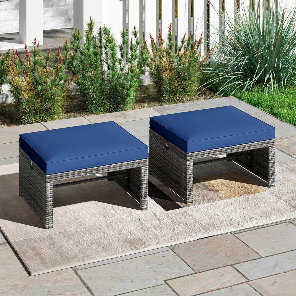 2 Pieces Patio PE Rattan Ottomans with Soft Zippered Cushions for Deck-Navy - Gallery View 1 of 9